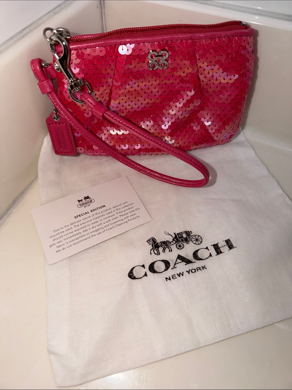 Coach Audrey Special Edition Pink Sequin Wristlet Clutch & Dust Bag NWOT